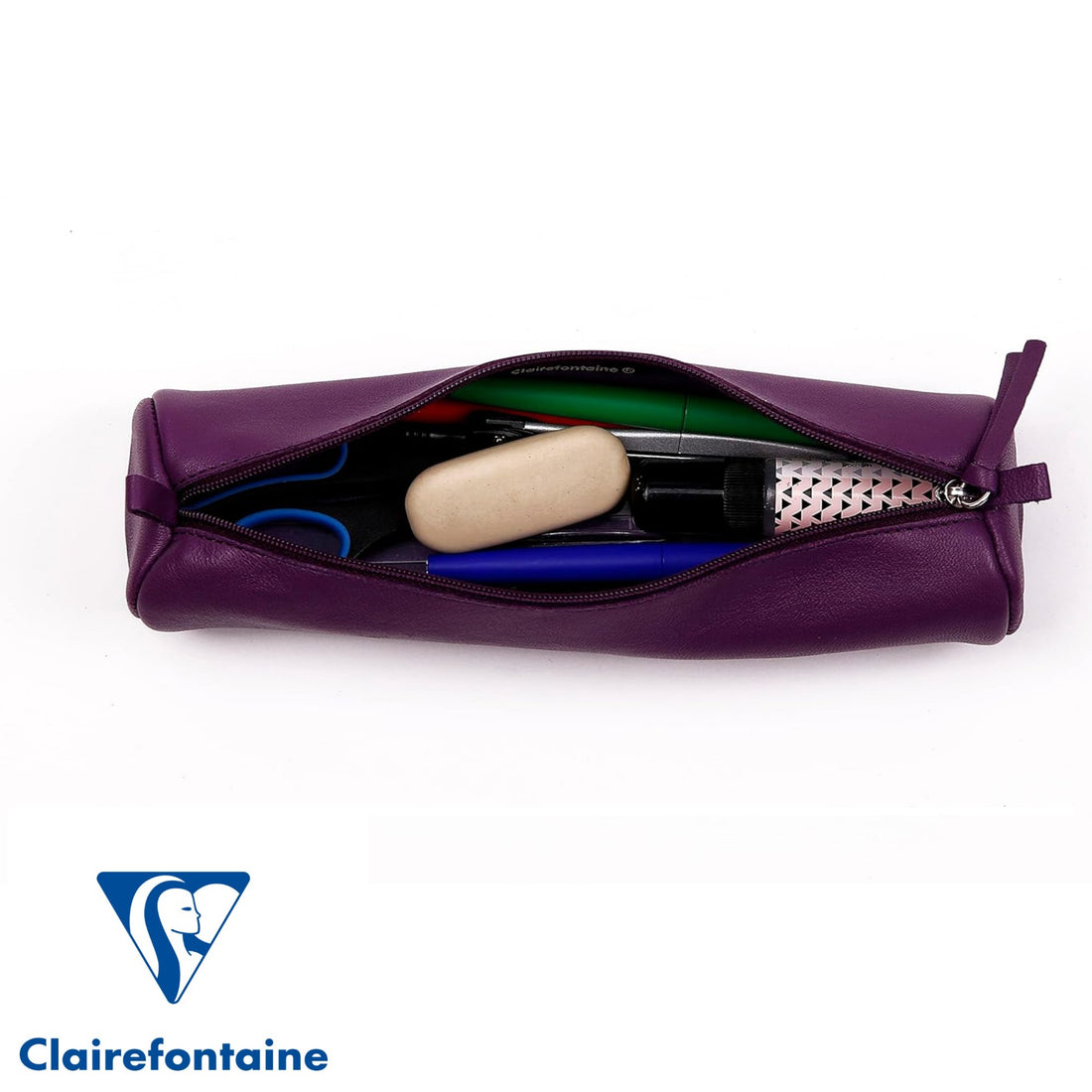 Trousse à crayons ronde cuir teinté violet (5.5x22cm)