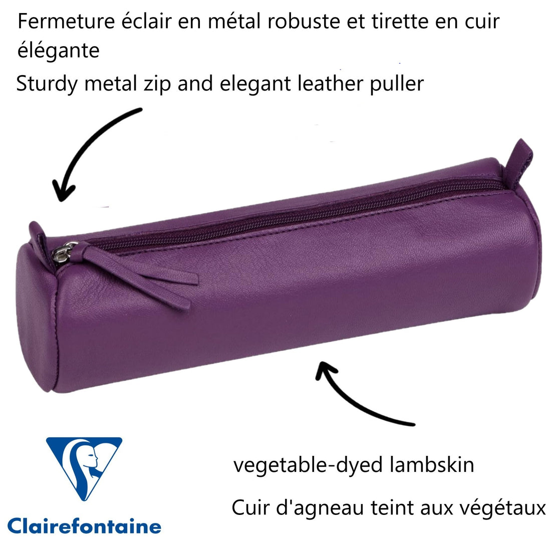 Trousse à crayons ronde cuir teinté violet (5.5x22cm)