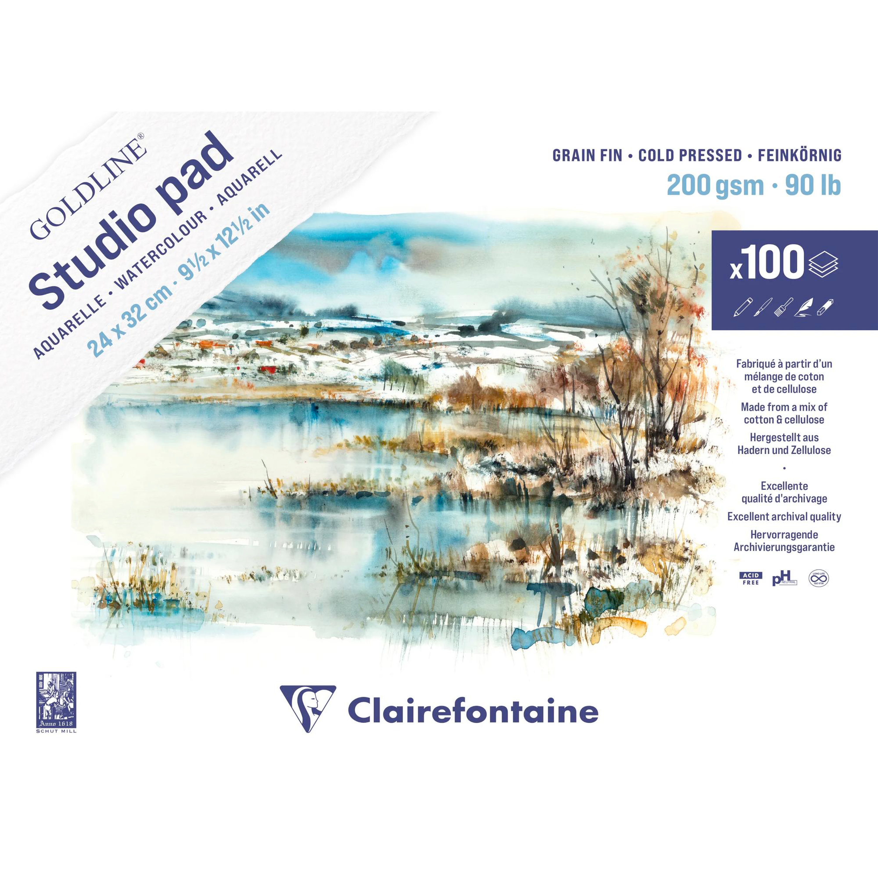 Watercolour Glued Pad Goldline Studio 100 sheets 200gr 9,45 x 12,6 in
