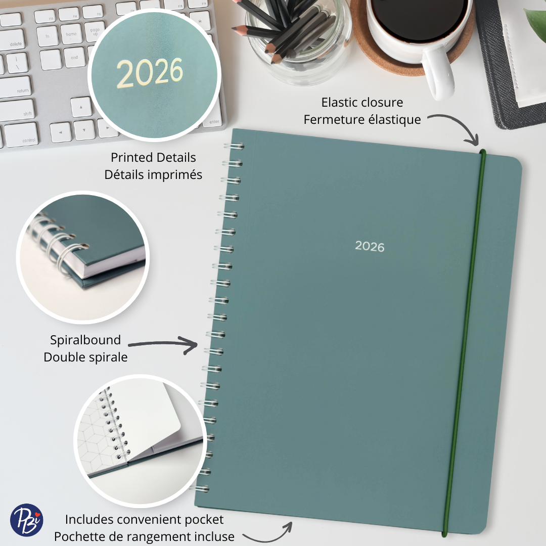 AGENDA ANNUEL-2026- LARGE 1S/2P- VERT SAUGE PBI AGENDA