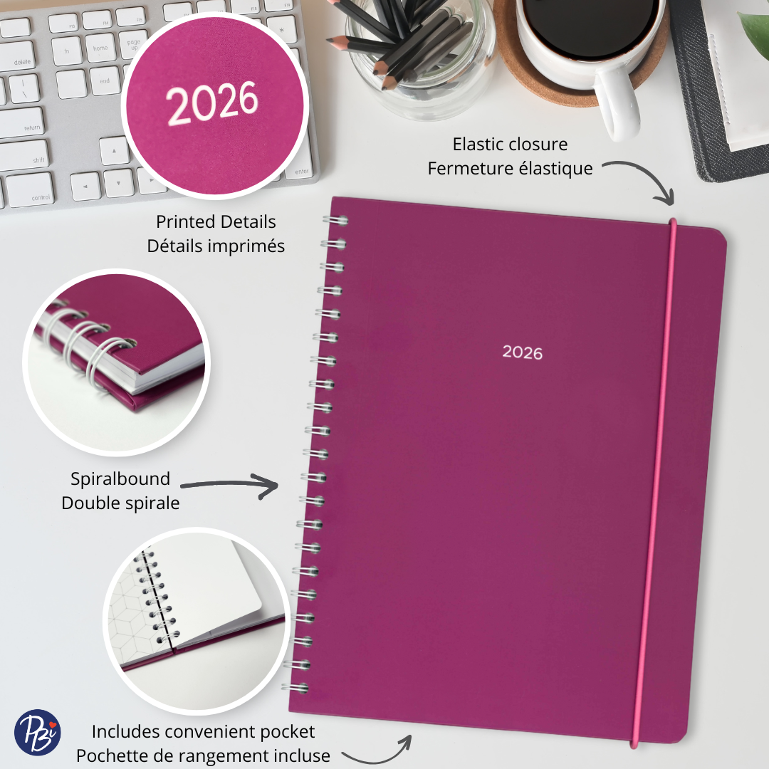 AGENDA ANNUEL-2026- LARGE 1S/2P- FUCHSIA PBI AGENDA