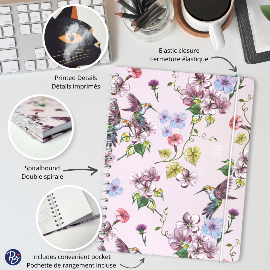 AGENDA ANNUEL 2026- LARGE 1S/2P- COLIBRI ET FLEURS PBI AGENDA