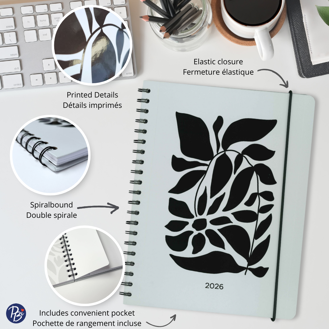 AGENDA ANNUEL 2026- LARGE 1S/2P- FLEURS NOIRES PBI AGENDA
