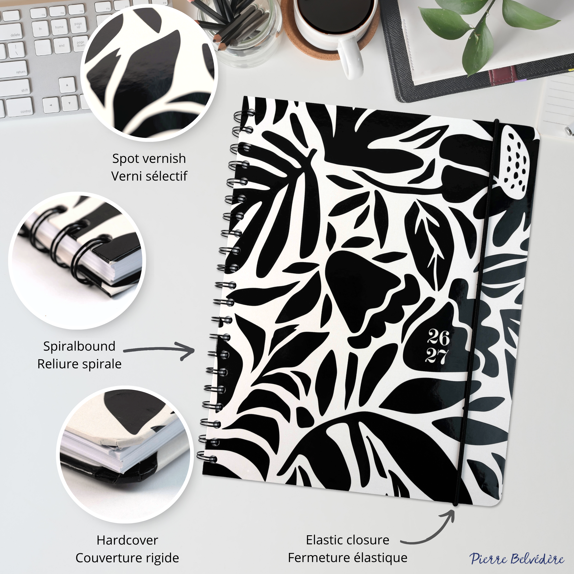 ACADEMIC AGENDA 2026-2027- LARGE 1W/2P- BLACK FLOWERS