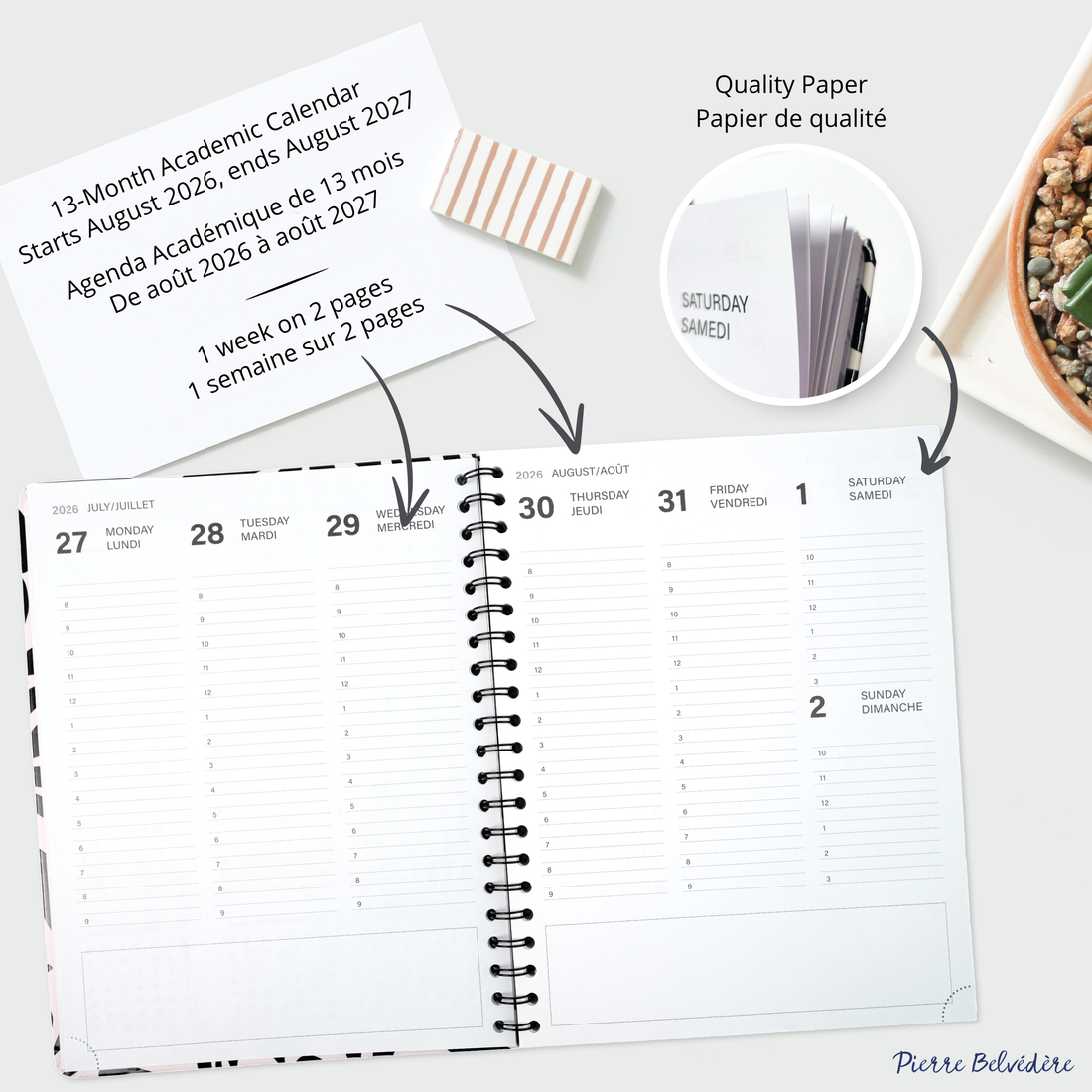 AGENDA ACADÉMIQUE 2026-2027- LARGE  1S/2P- FLEURS NOIRES