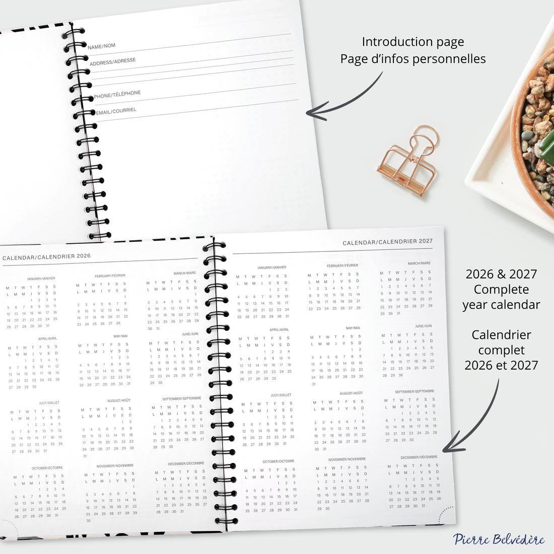 AGENDA ACADÉMIQUE 2026-2027- LARGE  1S/2P- FLEURS NOIRES