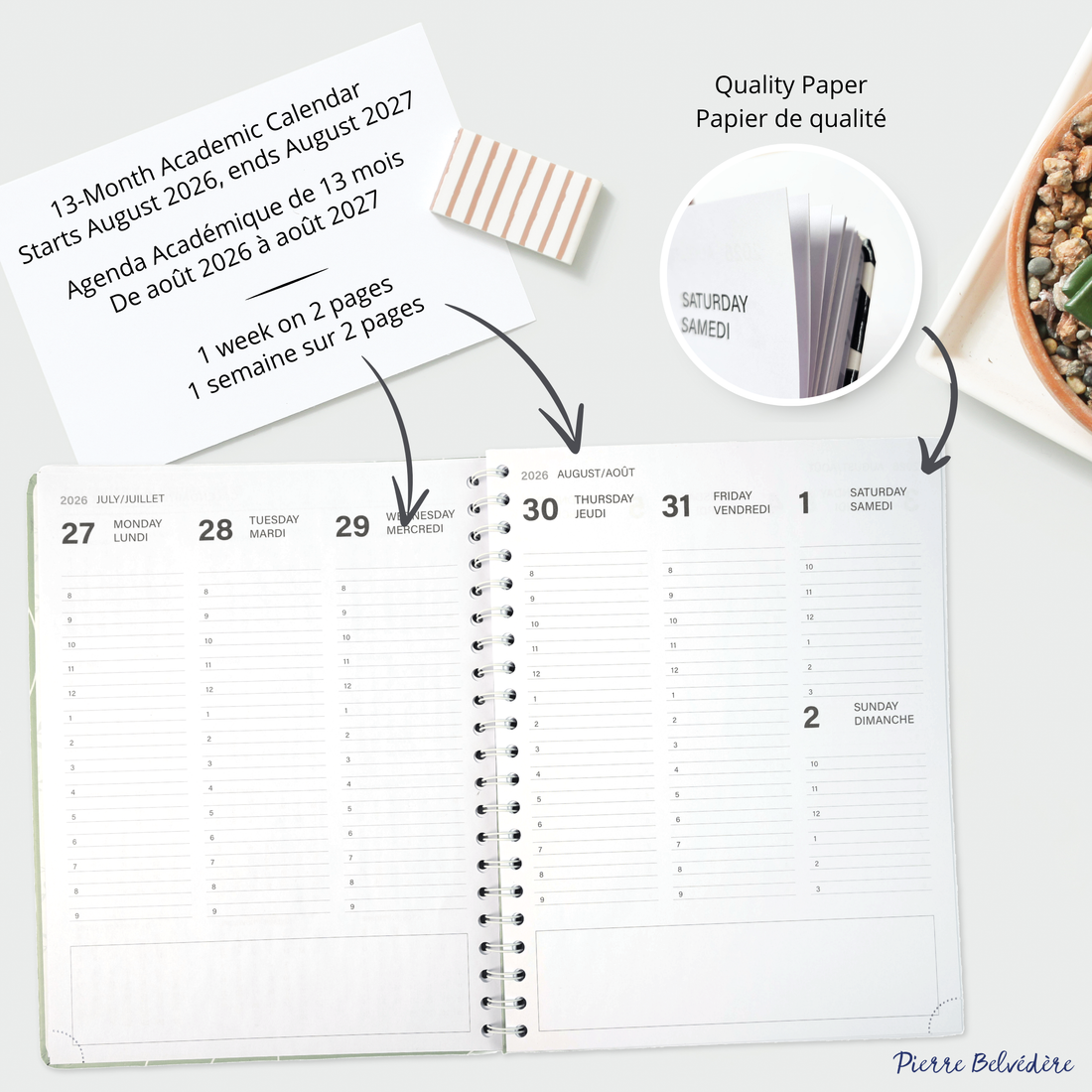 AGENDA ACADÉMIQUE 2026-2027- LARGE  1S/2P- VERT SAUGE