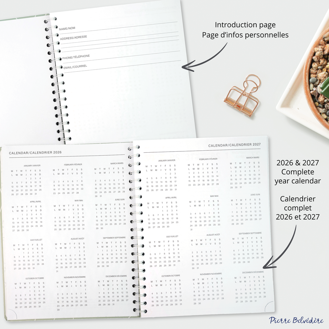 AGENDA ACADÉMIQUE 2026-2027- LARGE  1S/2P- VERT SAUGE