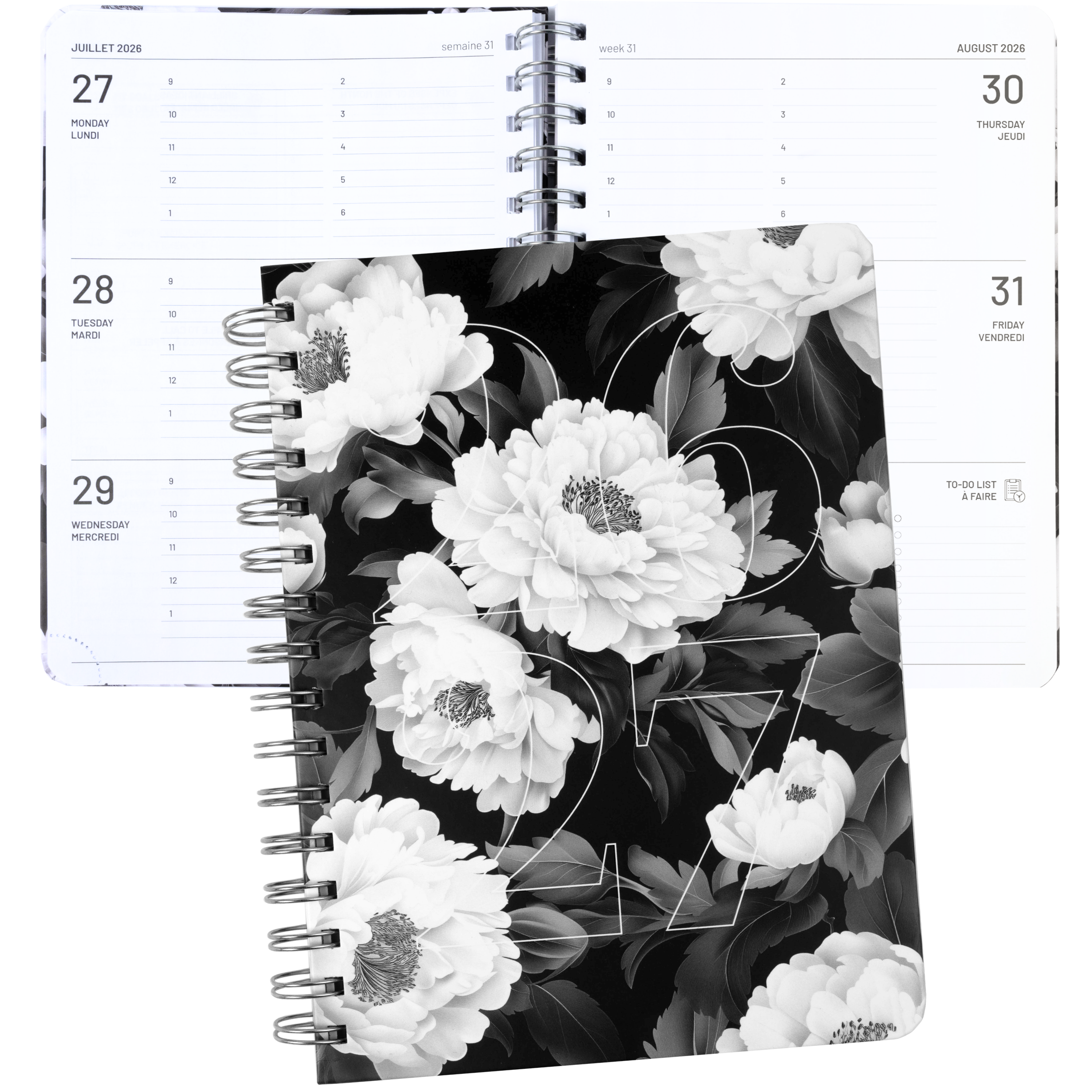 ACADEMIC AGENDA 2026-2027- MEDIUM 1W/2P- BLACK AND WHITE FLOWERS
