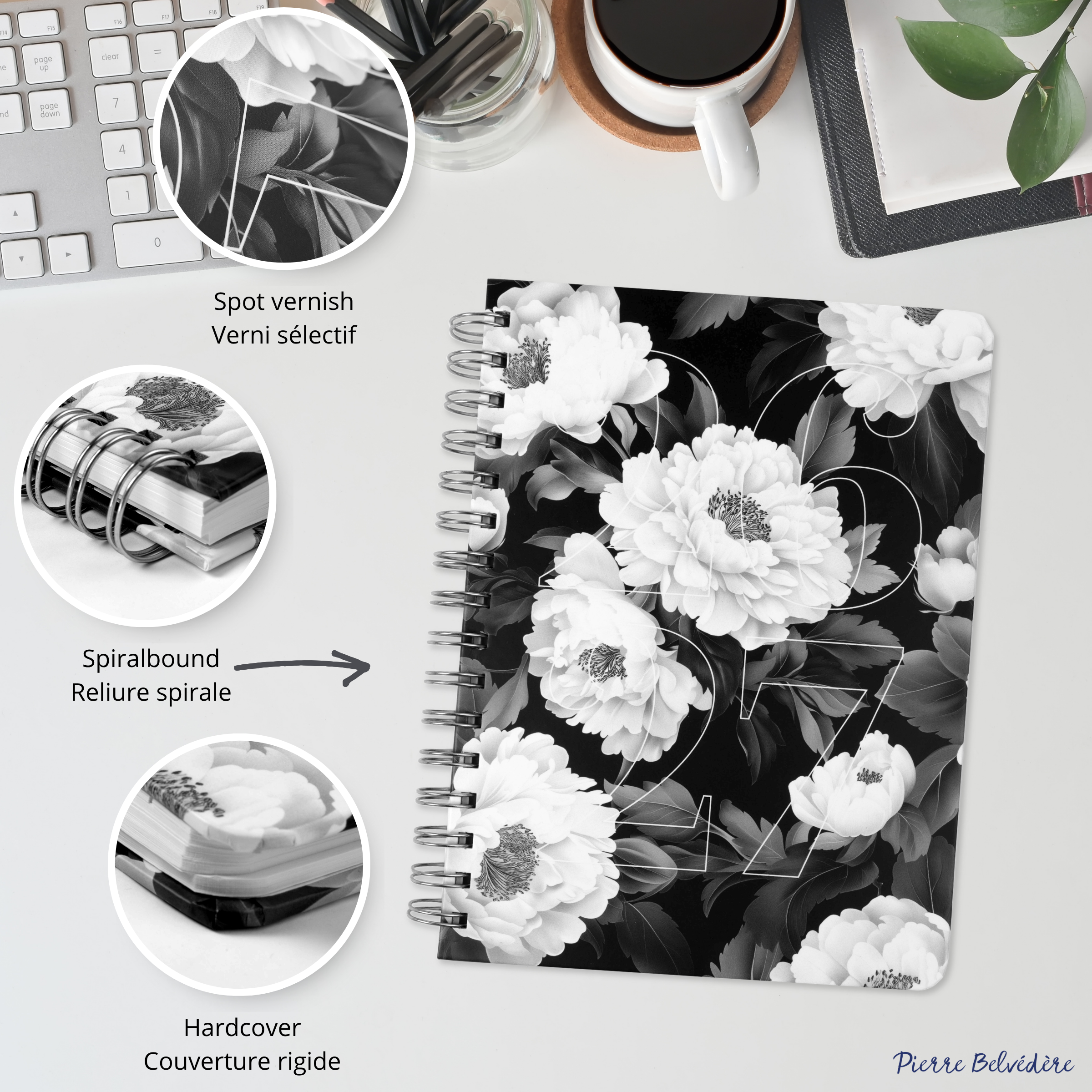 ACADEMIC AGENDA 2026-2027- MEDIUM 1W/2P- BLACK AND WHITE FLOWERS