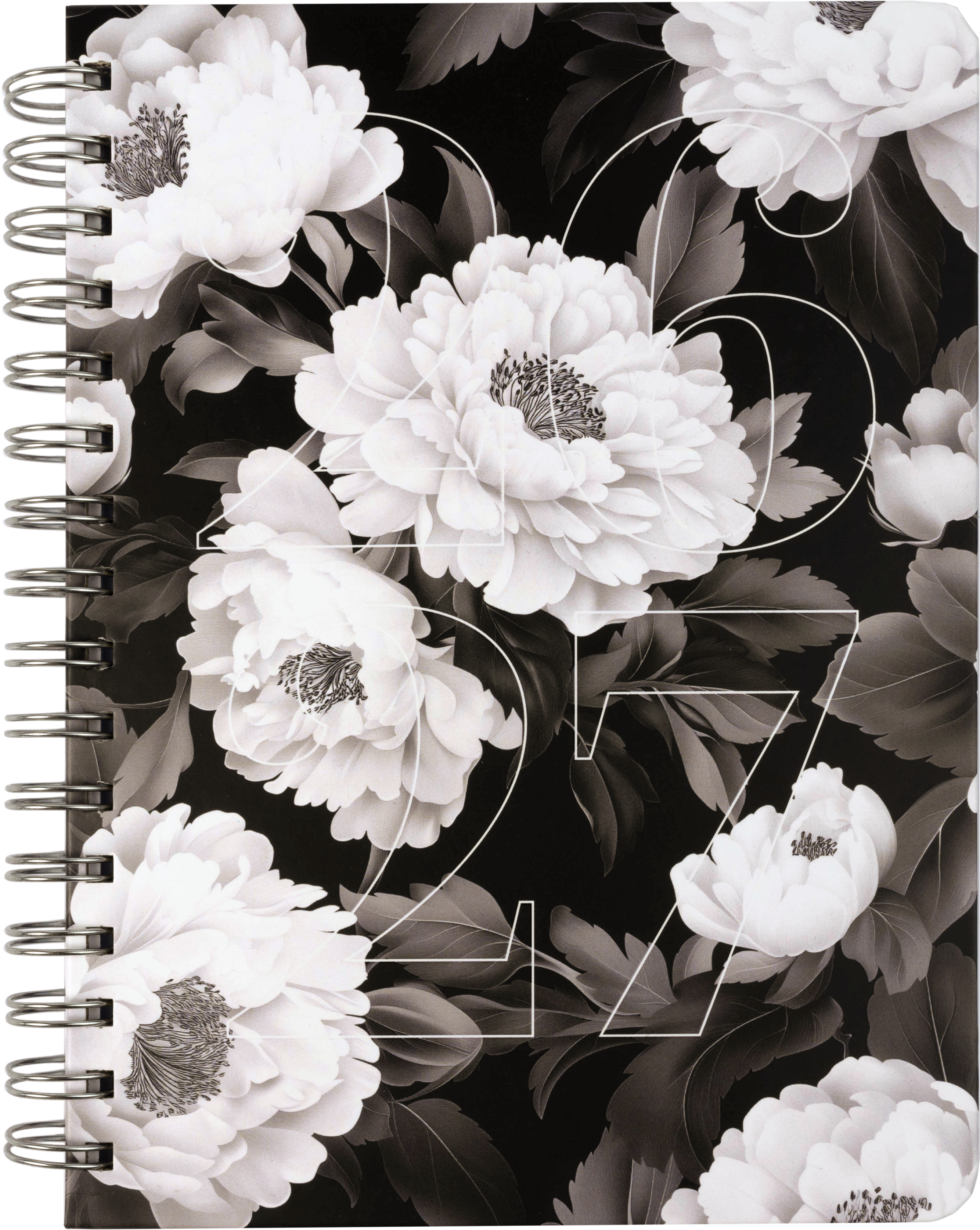 ACADEMIC AGENDA 2026-2027- MEDIUM 1W/2P- BLACK AND WHITE FLOWERS