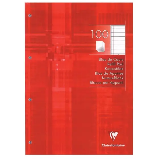 Bloc perforé encollé ligné+M -rouge- A4. 100 feuilles  (21x29.7cm) CLAIREFONTAINE