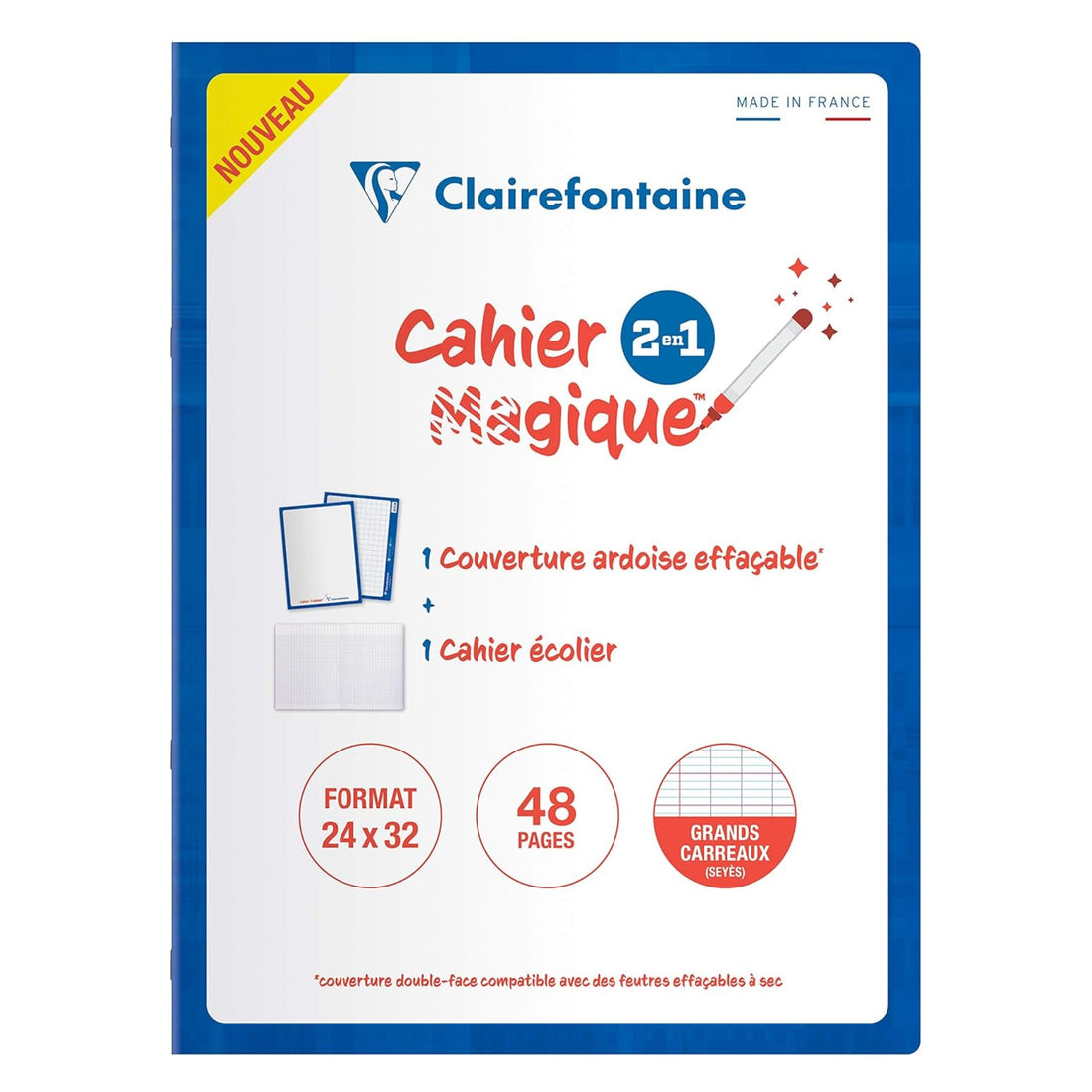 Cahier Magique séyès, couverture ardoise double face effaçable piqué blanc 48 pages (24x32cm)