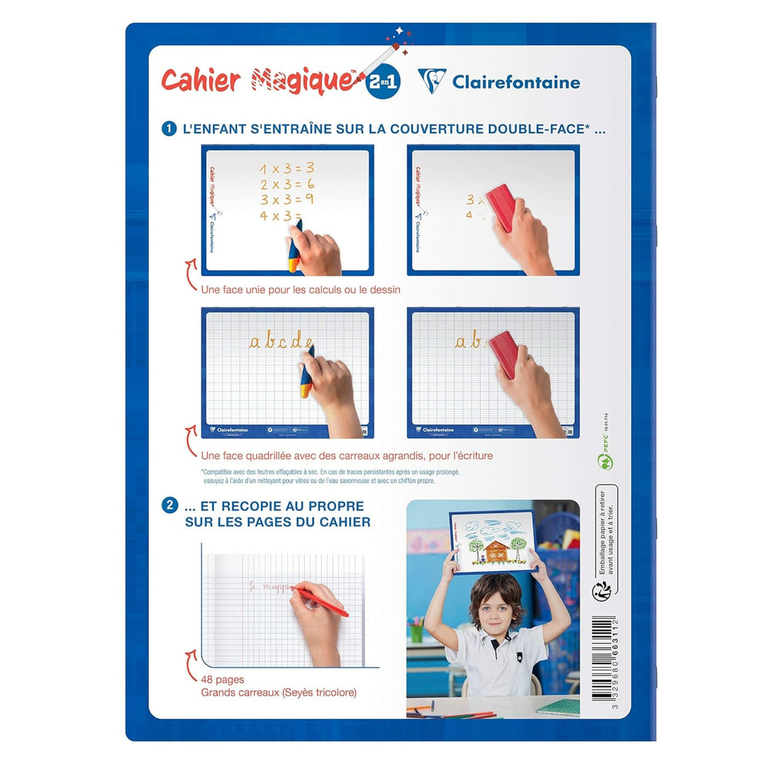 Cahier Magique séyès, couverture ardoise double face effaçable piqué blanc 48 pages (24x32cm)