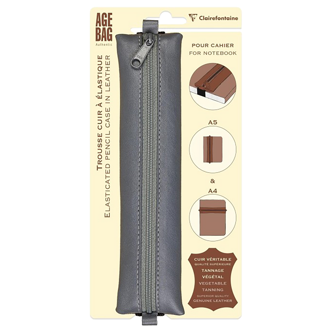 Age bag trousse plate en cuir pour cahier -gris (20x4.5cm) CLAIREFONTAINE
