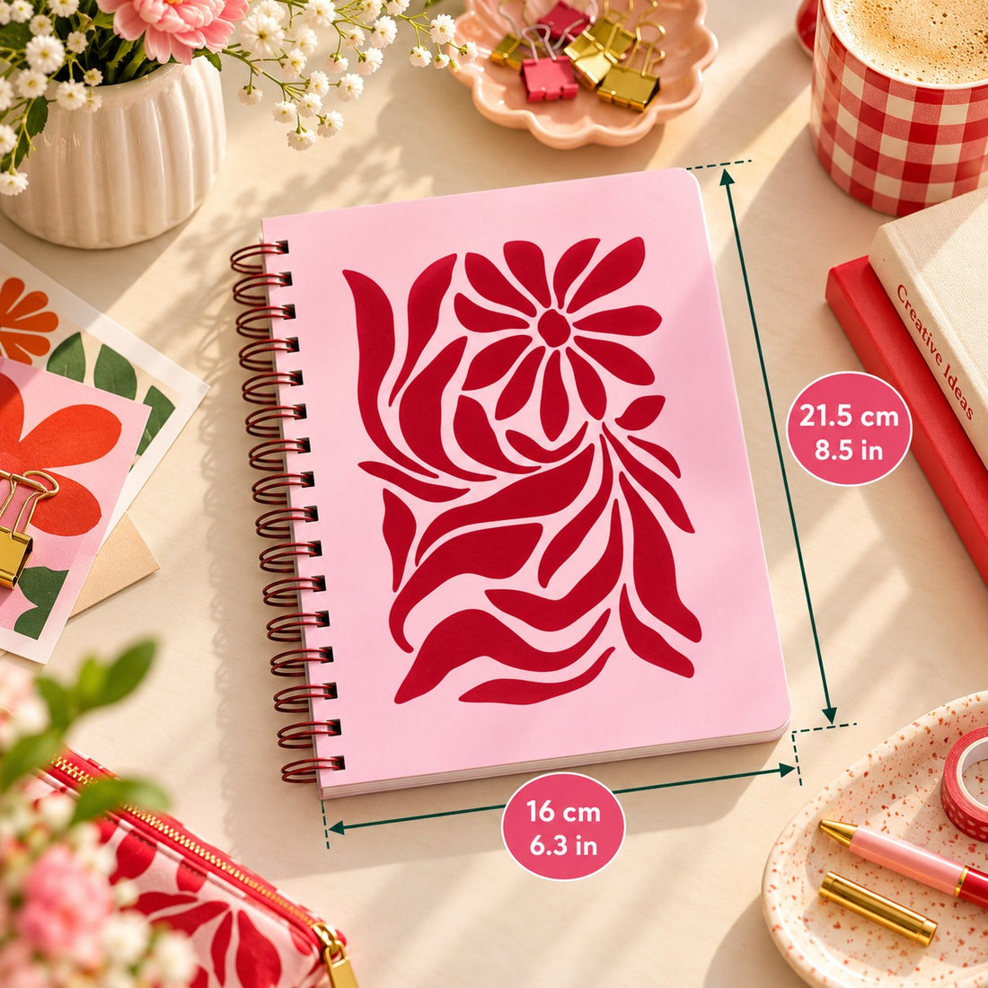 CAHIER DE NOTES- MEDIUM- FLEURS ROUGES ABSTRAIT - PBI LIVRES NOTES