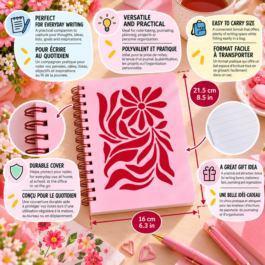 CAHIER DE NOTES- MEDIUM- FLEURS ROUGES ABSTRAIT - PBI LIVRES NOTES