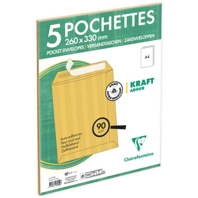 5 enveloppes de poche en papier kraft 26x33cm, 120 g/m². CLAIREFONTAINE