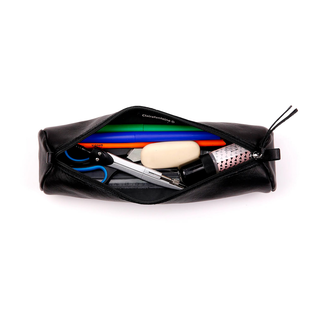 Trousse à crayons ronde en cuir noir (5.5x22cm)