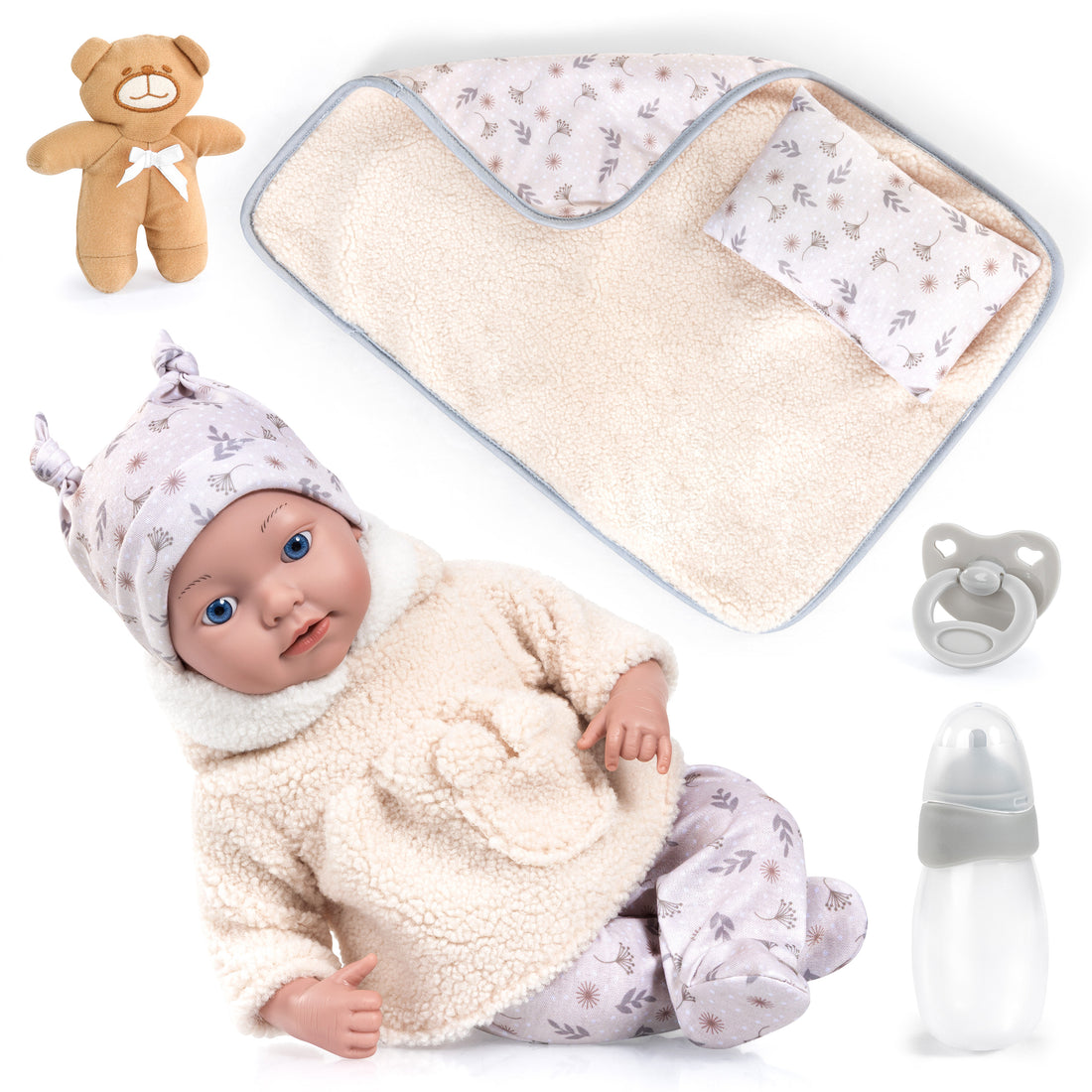 POUPÉE REBORN BABY AVEC COUVERTURE ET OREILLER - 38 CM