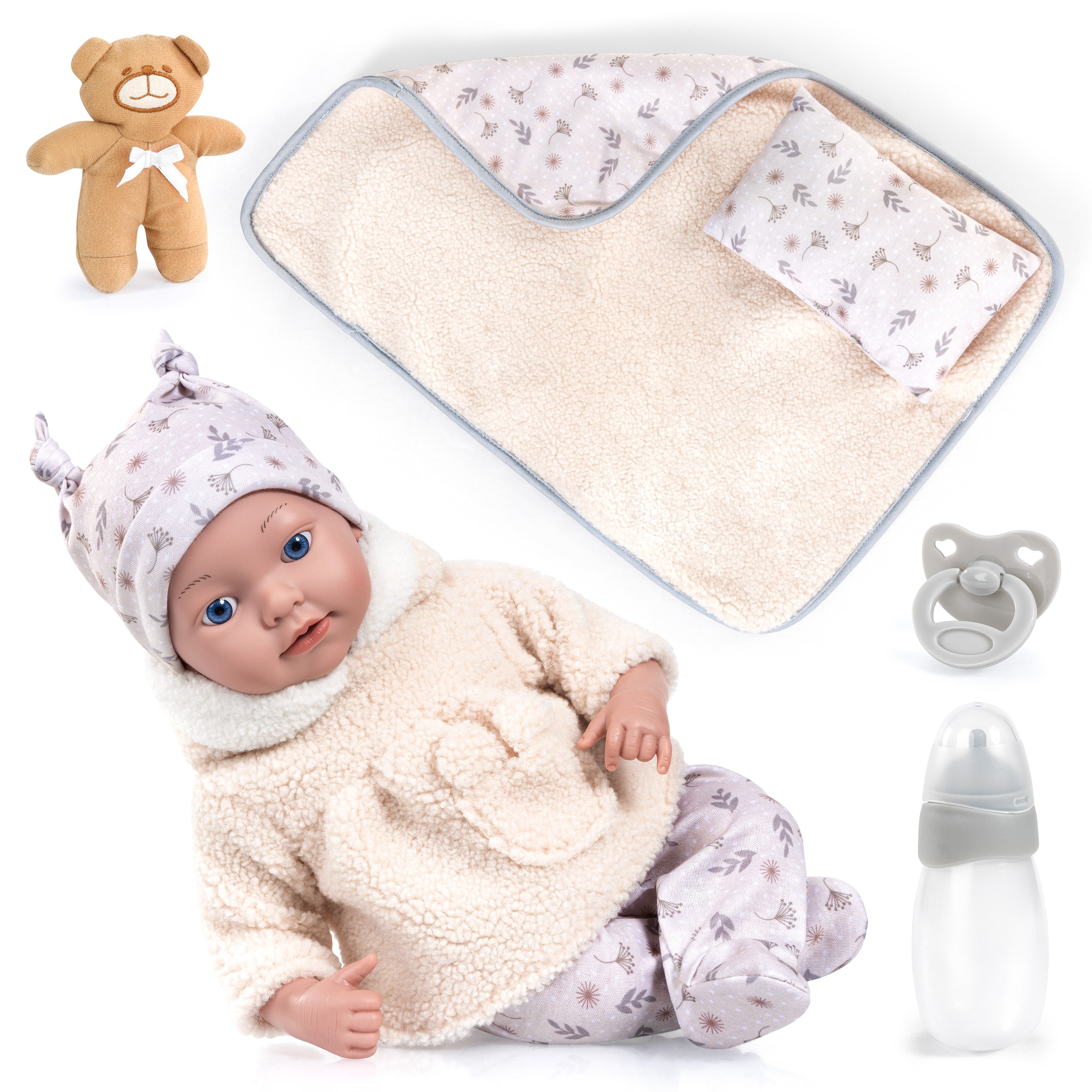 POUPÉE REBORN BABY AVEC COUVERTURE ET OREILLER - 38 CM