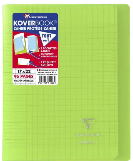 Koverbook cahier polypro agrafé seyès -vert- 96 pages (17x22cm) CLAIREFONTAINE