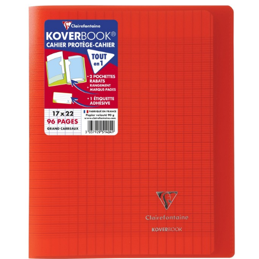 Koverbook cahier polypro agrafé seyès -rouge- 96 pages (17x22cm) CLAIREFONTAINE