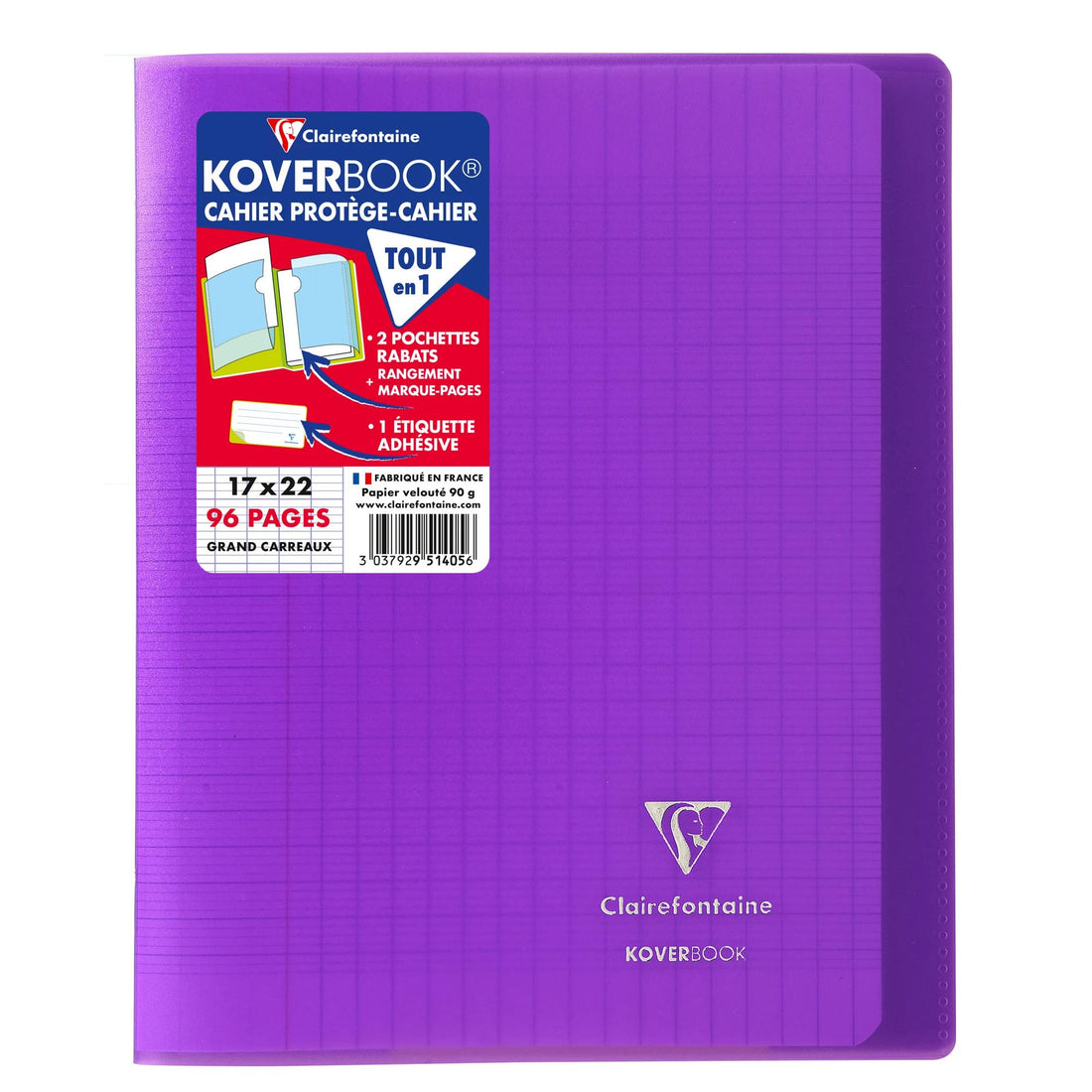 Cahier Koverbook seyès transparent violet agrafé polypro 96 pages (17 x 22 cm) - CLAIREFONTAINE