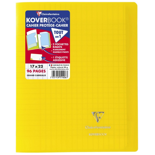 Koverbook cahier polypro agrafé seyès -jaune- 96 pages (17x22cm) CLAIREFONTAINE