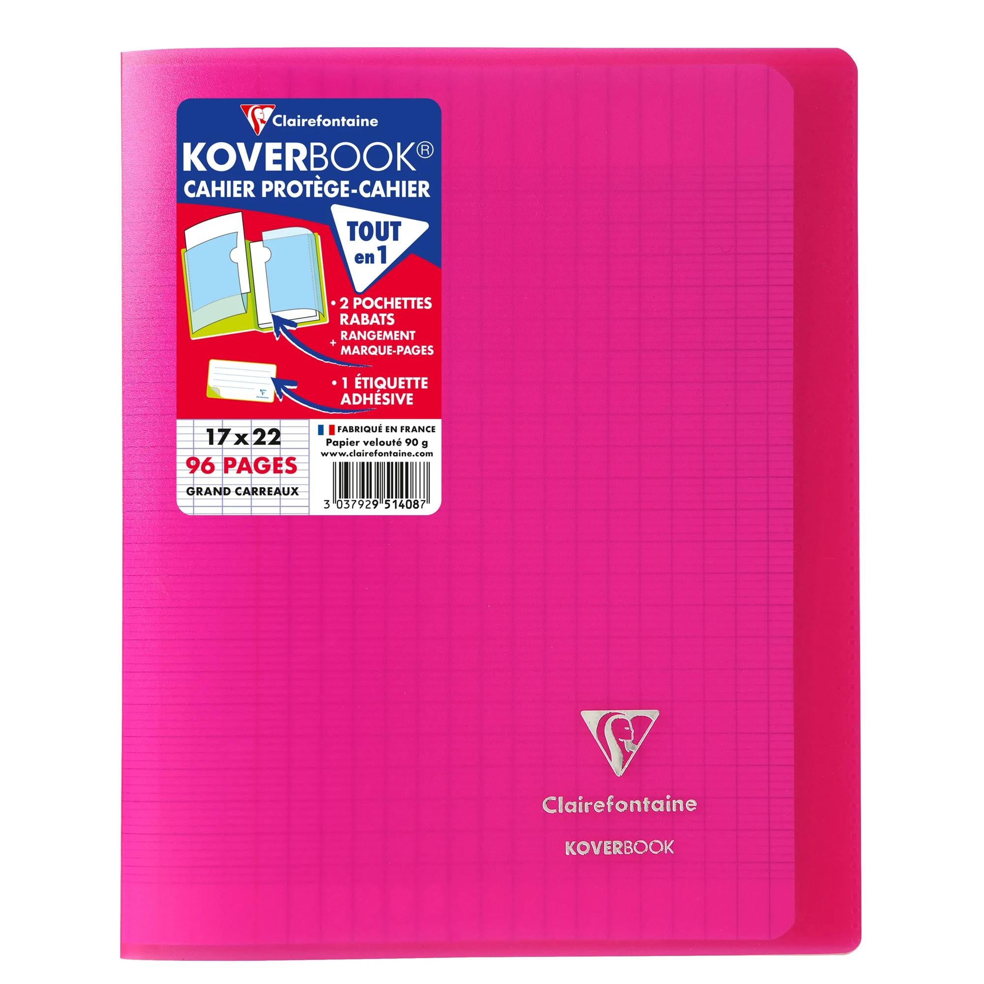 Cahier Koverbook seyès polypro transparent rose agrafé 96 pages (17 x 22 cm) - CLAIREFONTAINE