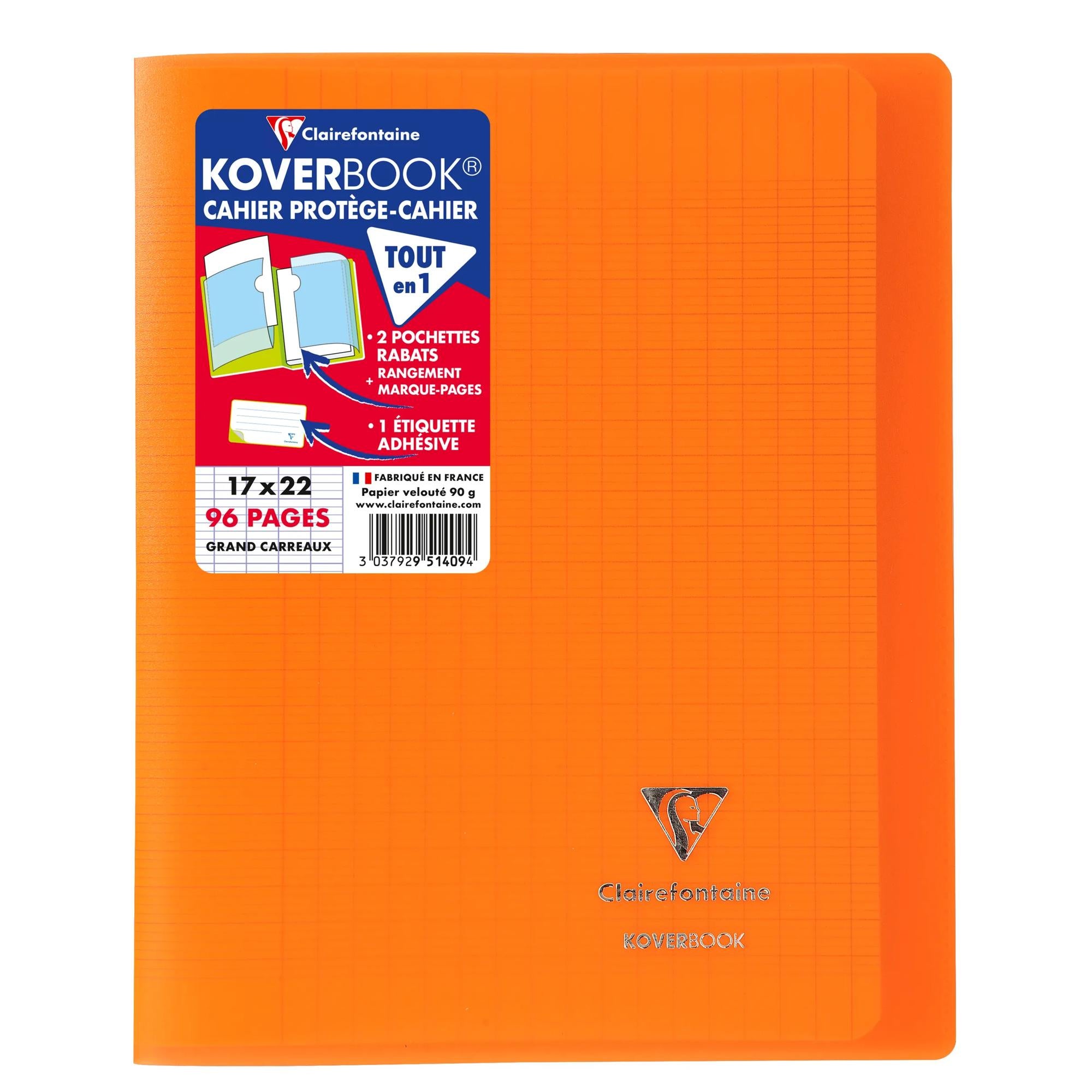 Cahier Koverbook seyès polypro transparent orange agrafé 96 pages (17 x 22 cm) - CLAIREFONTAINE