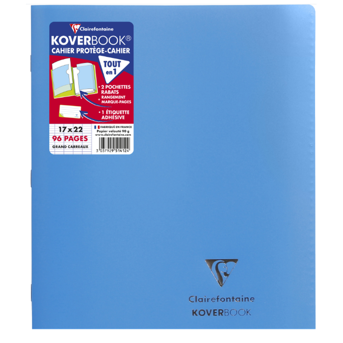 Koverbook Eco cahier polypro agrafé seyès -turquoise- 96 pages (17x22cm) CLAIREFONTAINE