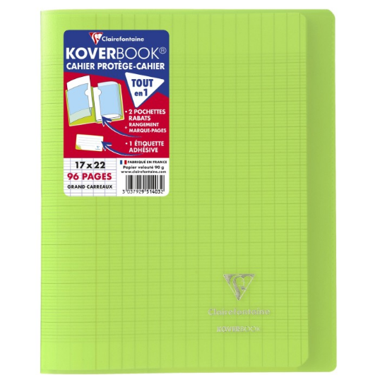 Koverbook Eco cahier polypro agrafé seyès -vert- 96 pages (17x22cm) CLAIREFONTAINE
