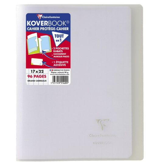 Koverbook cahier polypro agrafé seyès -incolore- 96 pages (17x22cm) CLAIREFONTAINE
