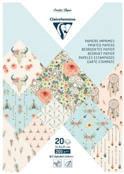 Bloc papiers imprimés, A5 (14,8x21cm), 20 feuilles à motifs 200g + 2 planches de stickers alphabet