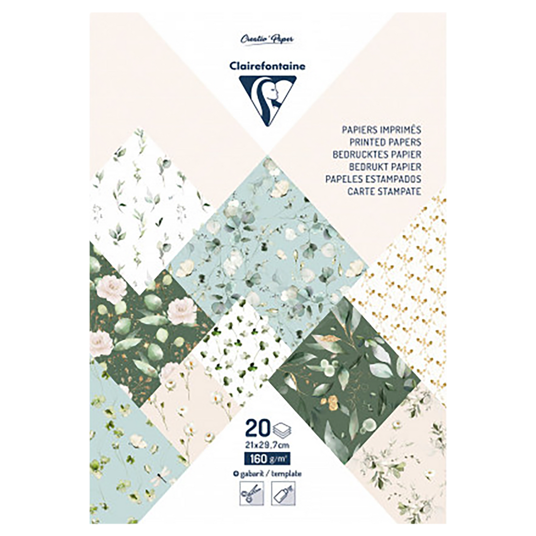 Bloc papiers imprimés, A4 (21x29,7cm), 20 feuilles à motifs 160g + 1 idée créative, Romantique CLAIREFONTAINE