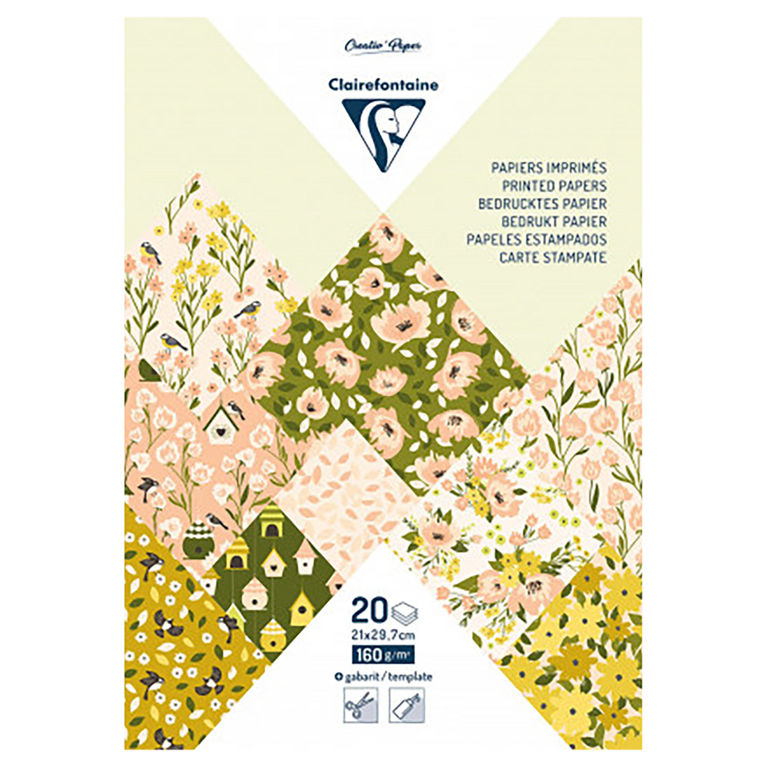 Bloc papiers imprimés, A4 (21x29,7cm), 20 feuilles à motifs 160g + 1 idée créative, Printemps CLAIREFONTAINE
