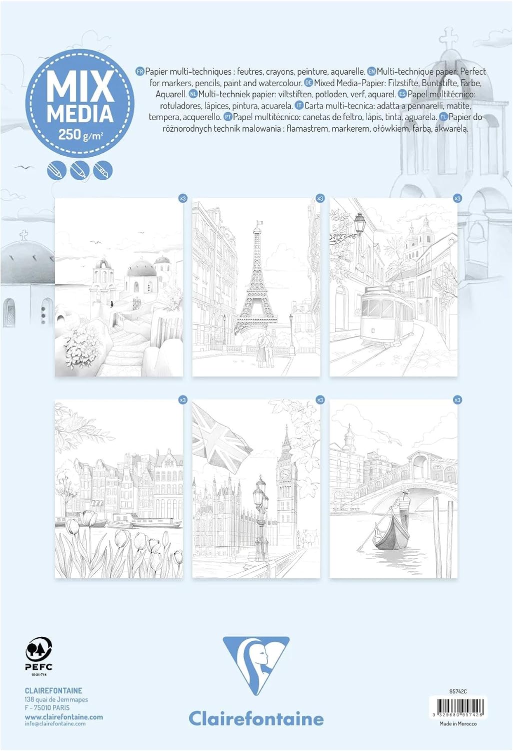 Bloc de coloriage multi-techniques ODELIA 250G, Les villes 20 feuilles A4 (21 x 29,7 cm) by CLAIREFONTAINE