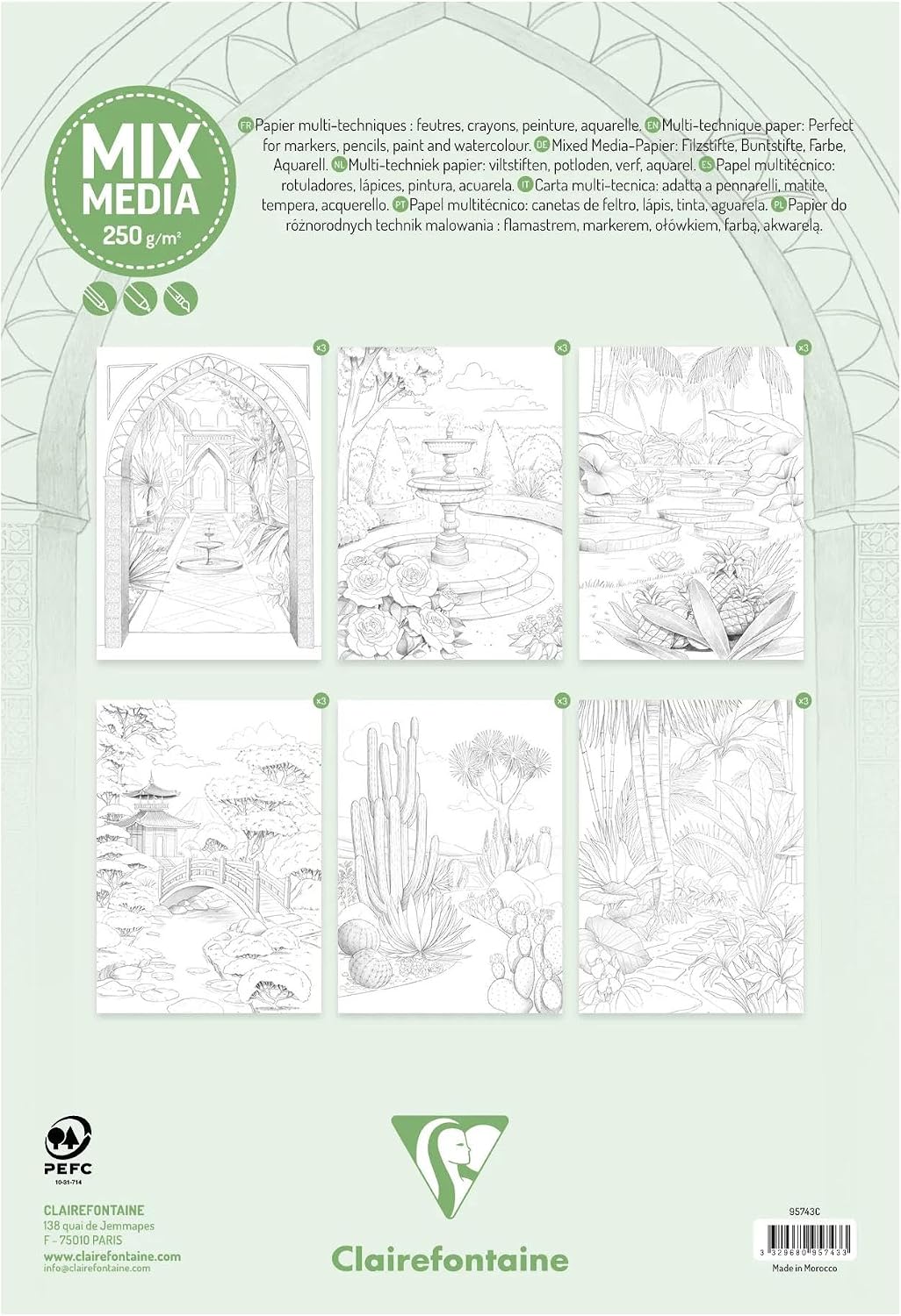 Bloc de coloriage multi-techniques ODELIA 250G, Les jardins 20 feuilles A4 by CLAIREFONTAINE