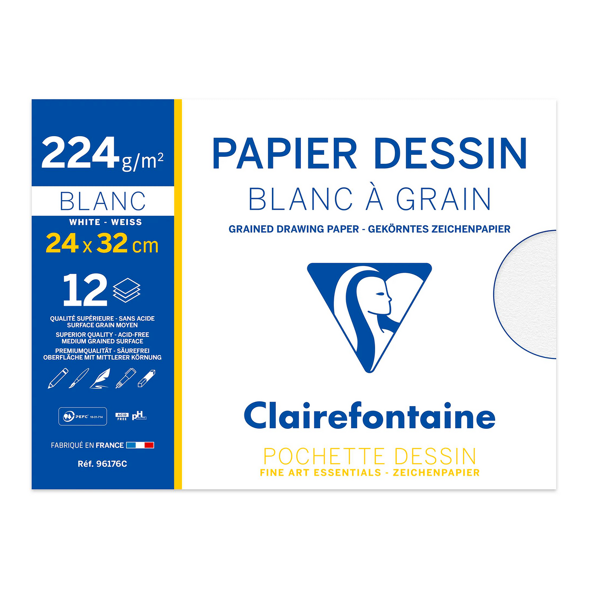 Pochette Dessin à grain 224G 12 feuilles (24 x 32 cm) - CLAIREFONTAINE