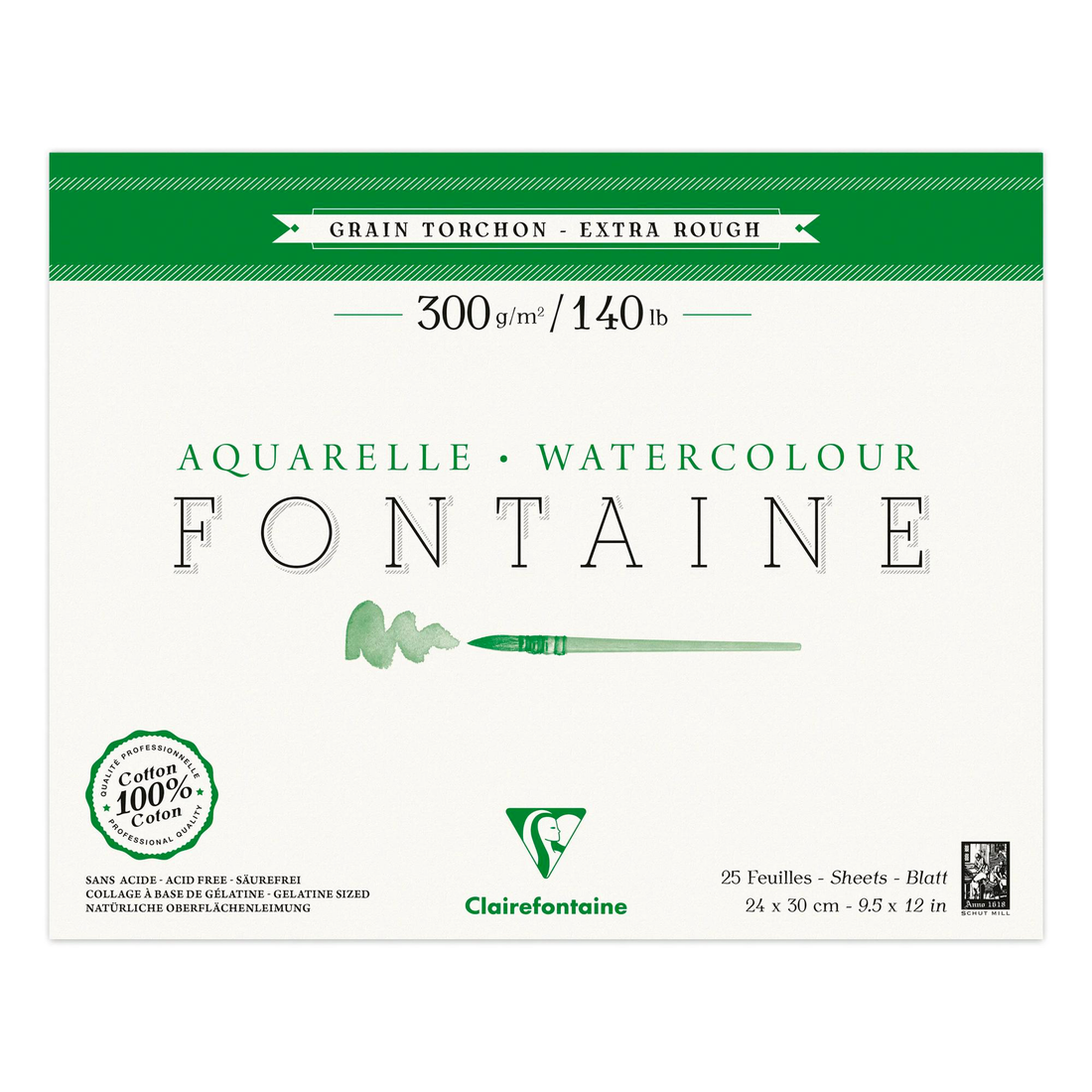 Bloc collé 4 côtés Fontaine grain torchon 300G 25 feuilles (24 x 30 cm) - CLAIREFONTAINE
