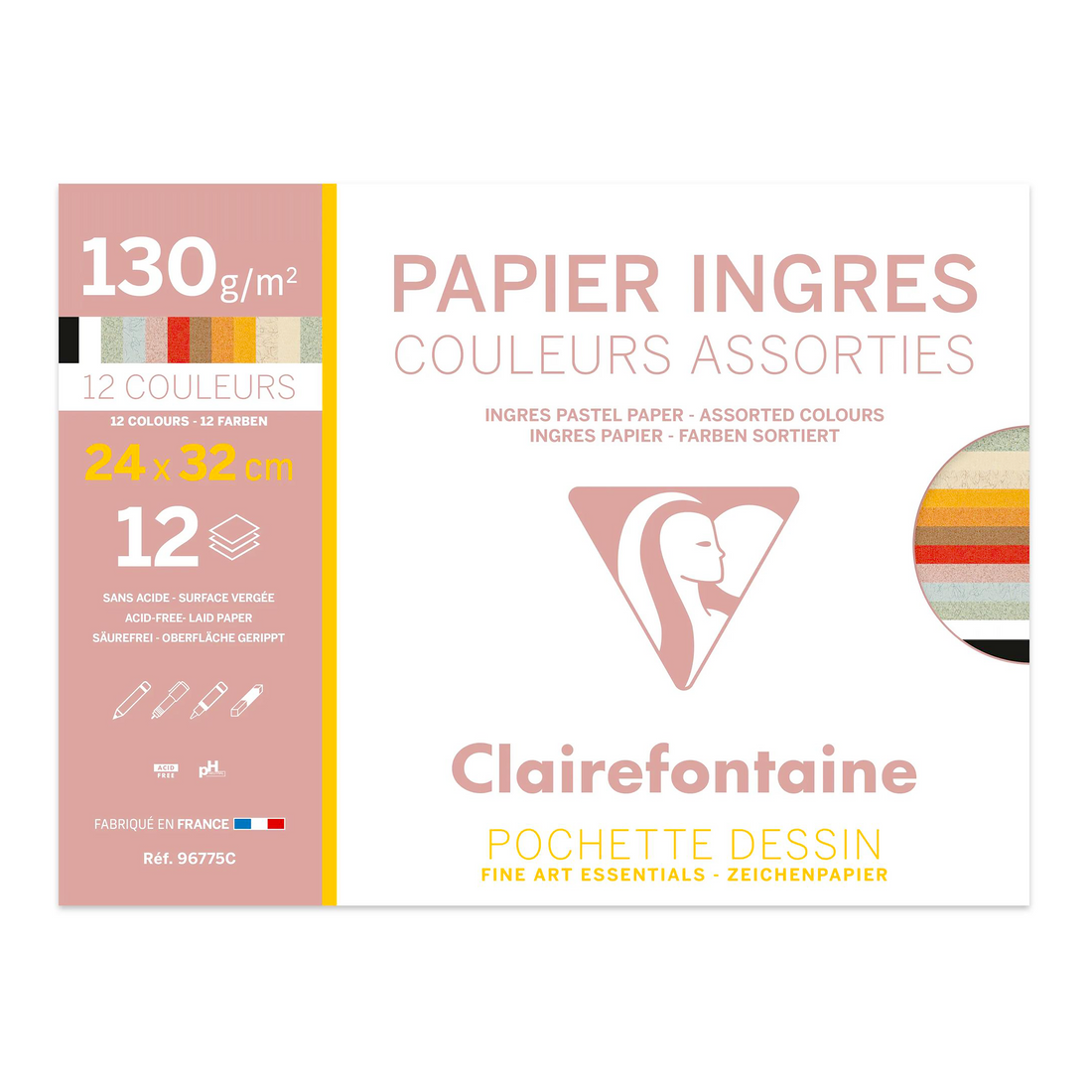 Pochette Ingres Pastel 130 G 12 feuilles assortis (24 x 32 cm) - CLAIREFONTAINE