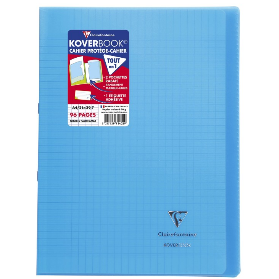 Koverbook cahier polypro agrafé seyès -bleu- A4. 96 pages (21x29.7cm) CLAIREFONTAINE