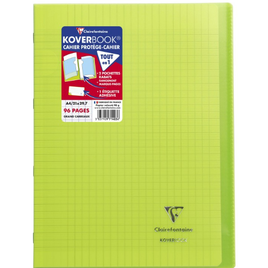 Koverbook cahier polypro agrafé seyès -vert- A4. 96 pages (21x29.7cm) CLAIREFONTAINE