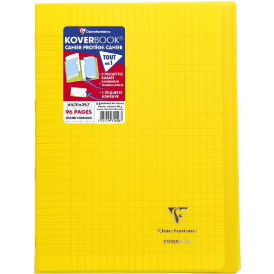 Koverbook cahier polypro agrafé seyès -jaune- A4. 96 pages (21x29.7cm) CLAIREFONTAINE
