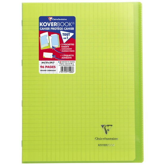Koverbook Eco cahier polypro agrafé seyès -vert- A4. 96 pages (21x29.7cm) CLAIREFONTAINE