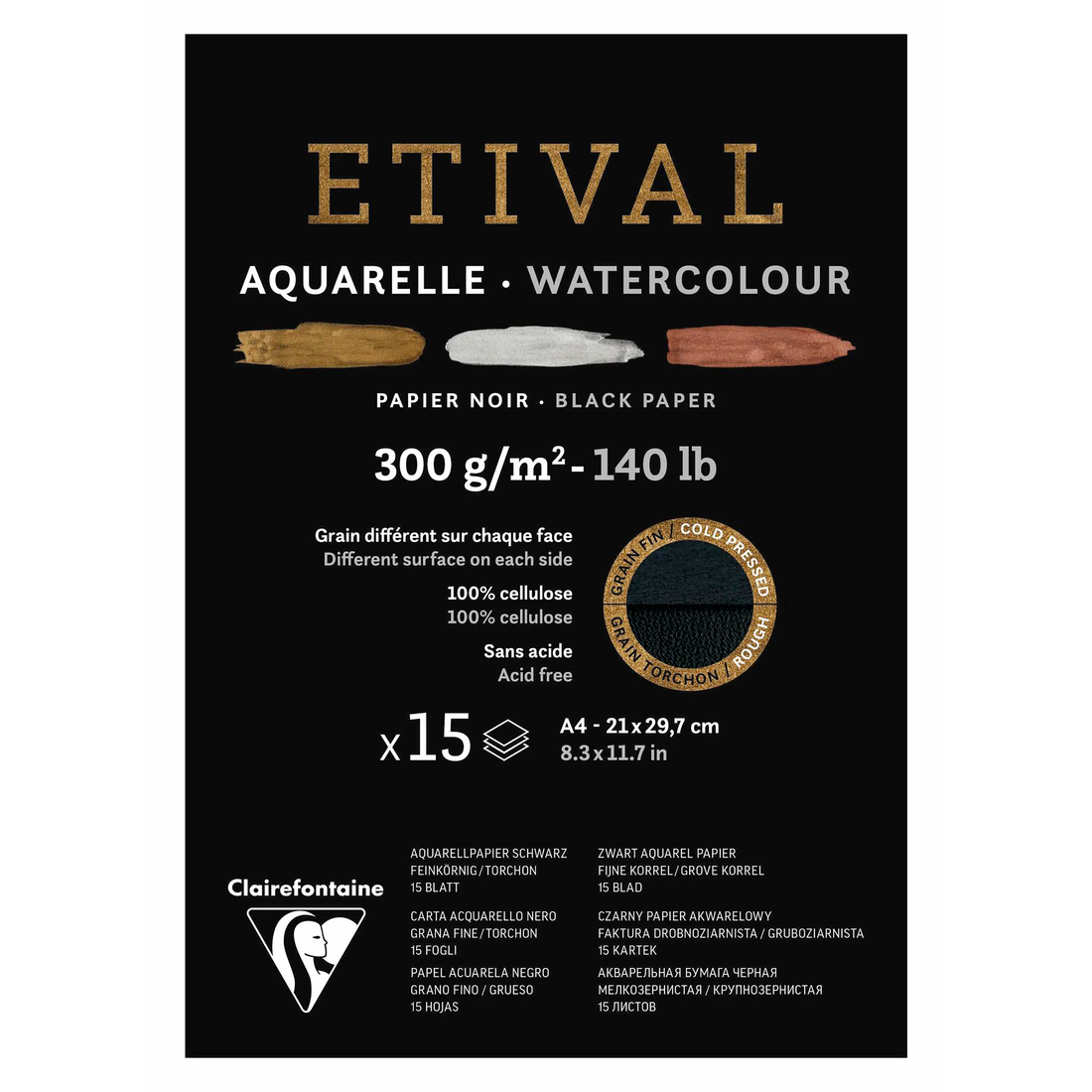 ETIVAL BLACK WATERCOLOUR PAD DOUBLE GRAIN 140lb  A4/5.