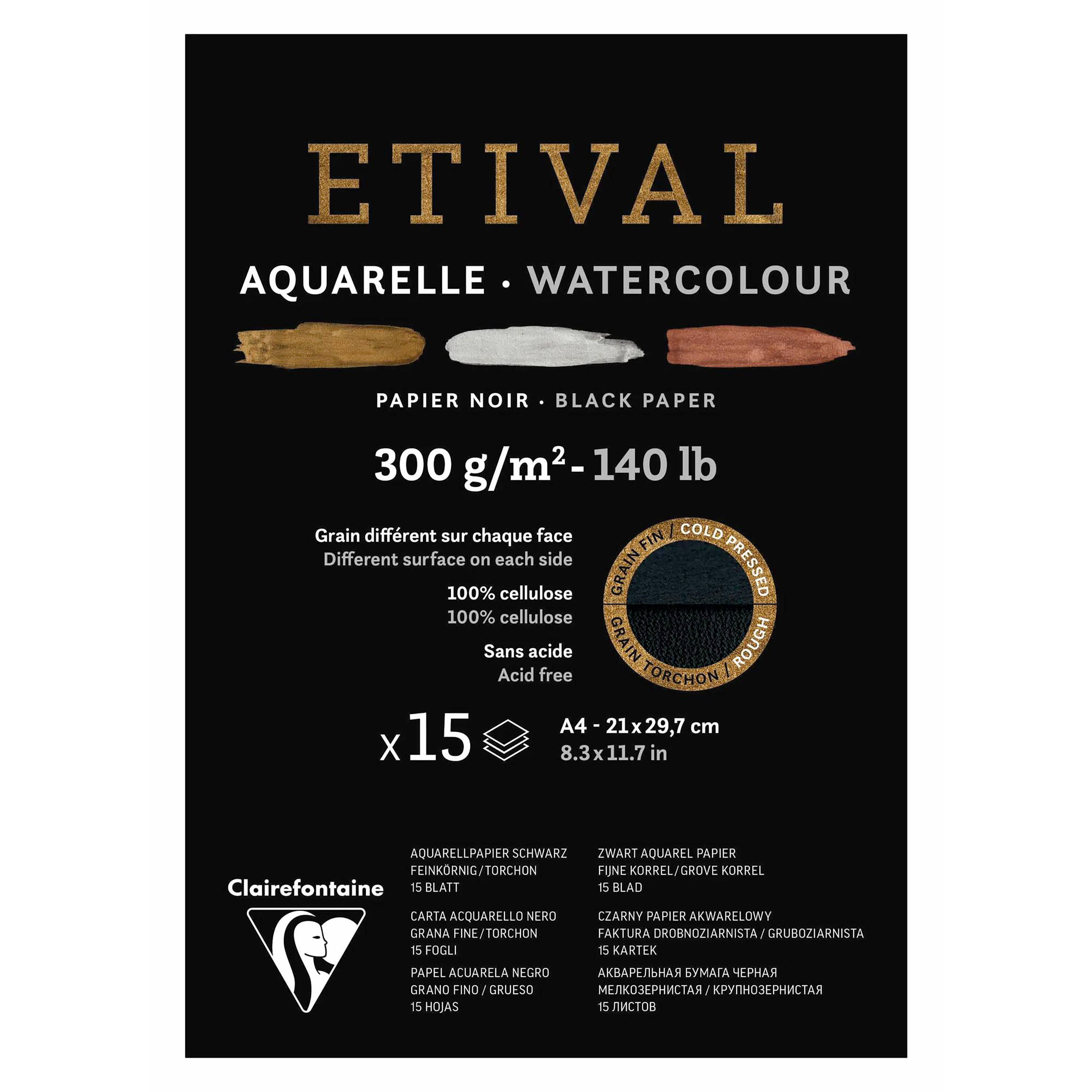 BLOC ETIVAL AQUA.. NOIR GRAIN DOUBLE A4 15F 300g Collé