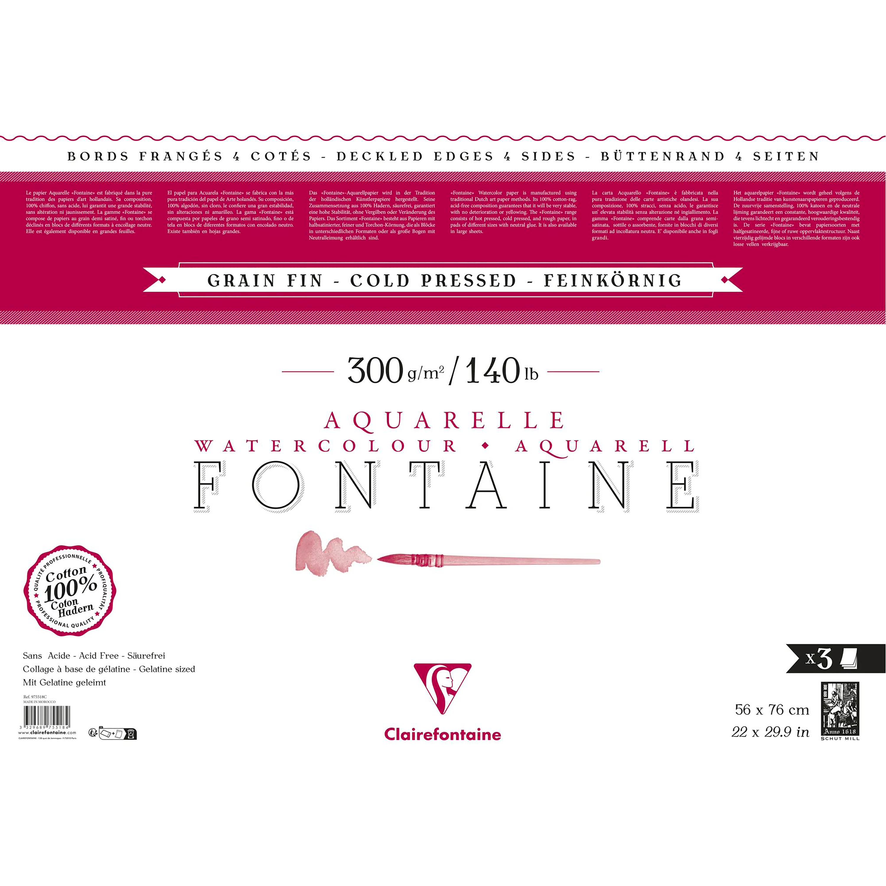 Fontaine pack 3 sheets 56x76 Cold Pressed 300g Deckle Edg