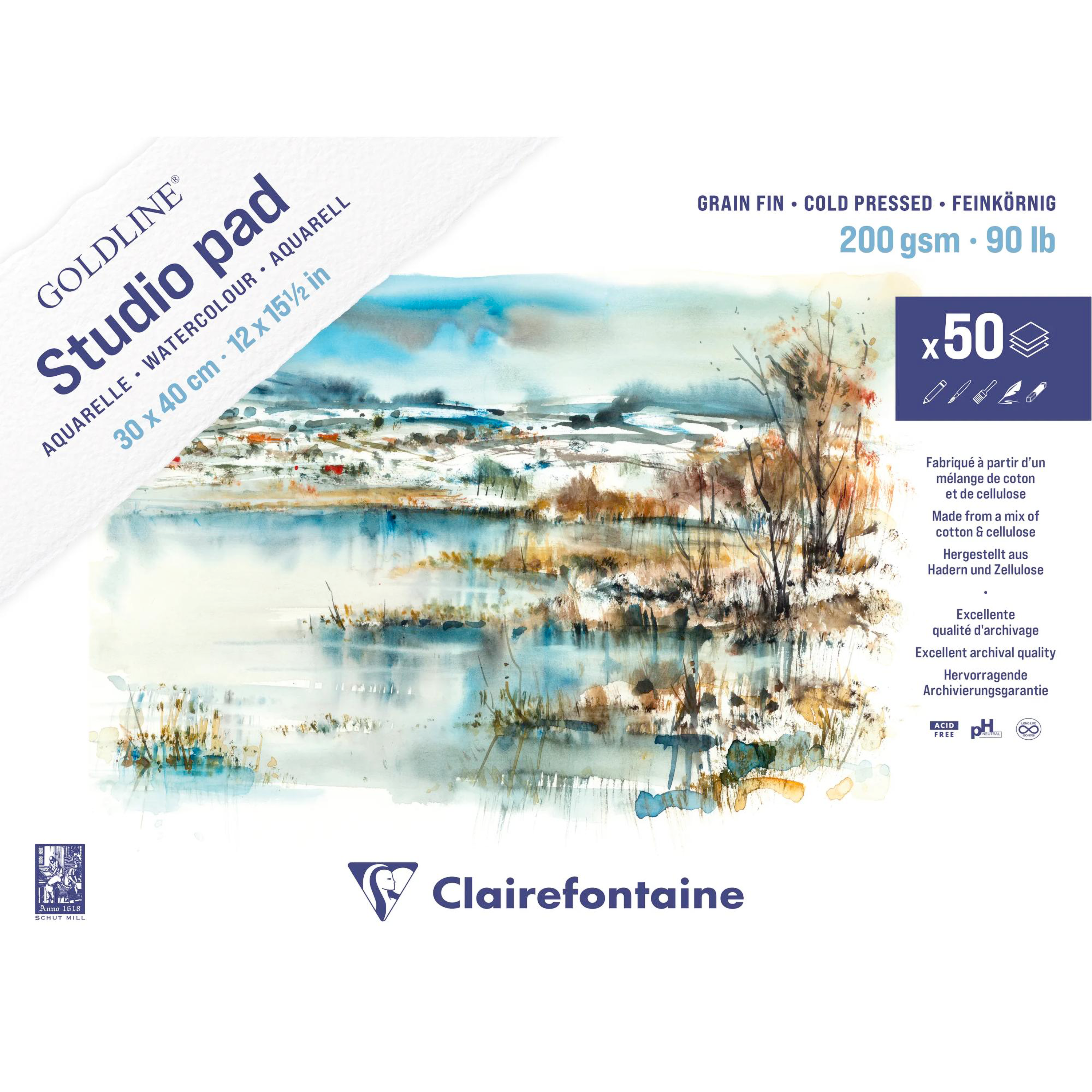 Watercolour Glued Pad Goldline Studio 50 sheets 200gr 11,8 x 15,7 in